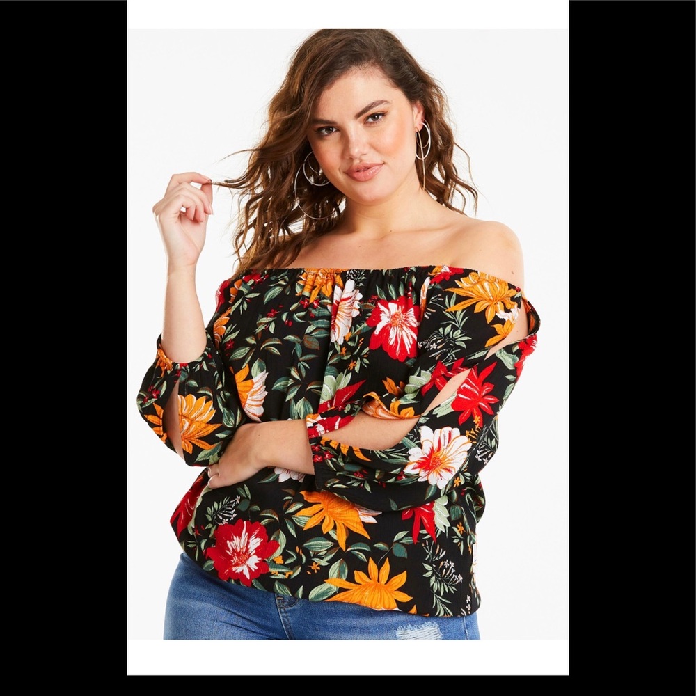 Plus size black floral off the shoulder blouse